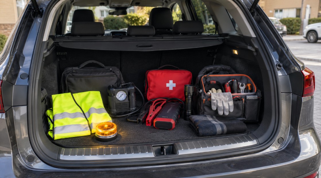 Accesorios imprescindibles organizados en el maletero de un coche