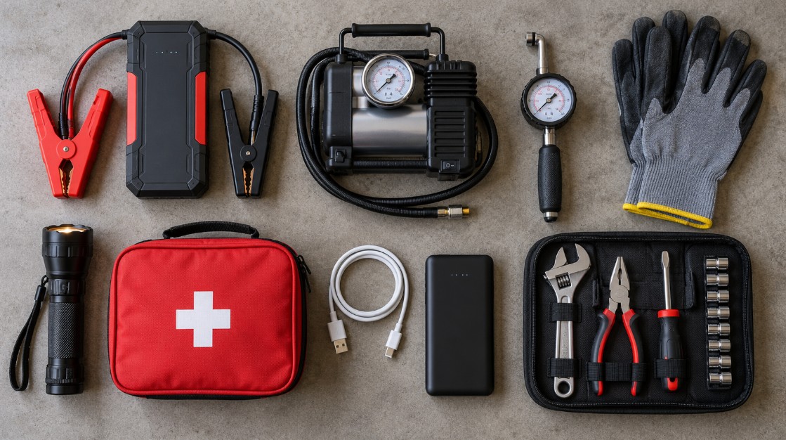 Kit de emergencia con accesorios útiles para llevar en el coche