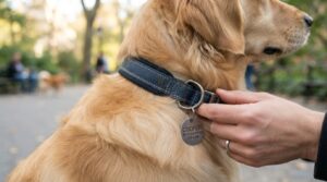 Revisión de la placa y la anilla del collar de un perro