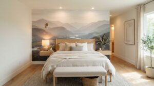 Dormitorio con fotomural panorámico de paisaje y efecto de profundidad