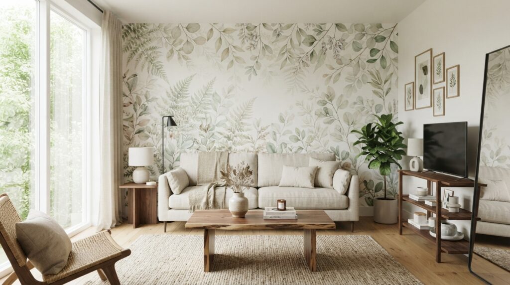 Salón moderno decorado con un fotomural botánico de gran formato