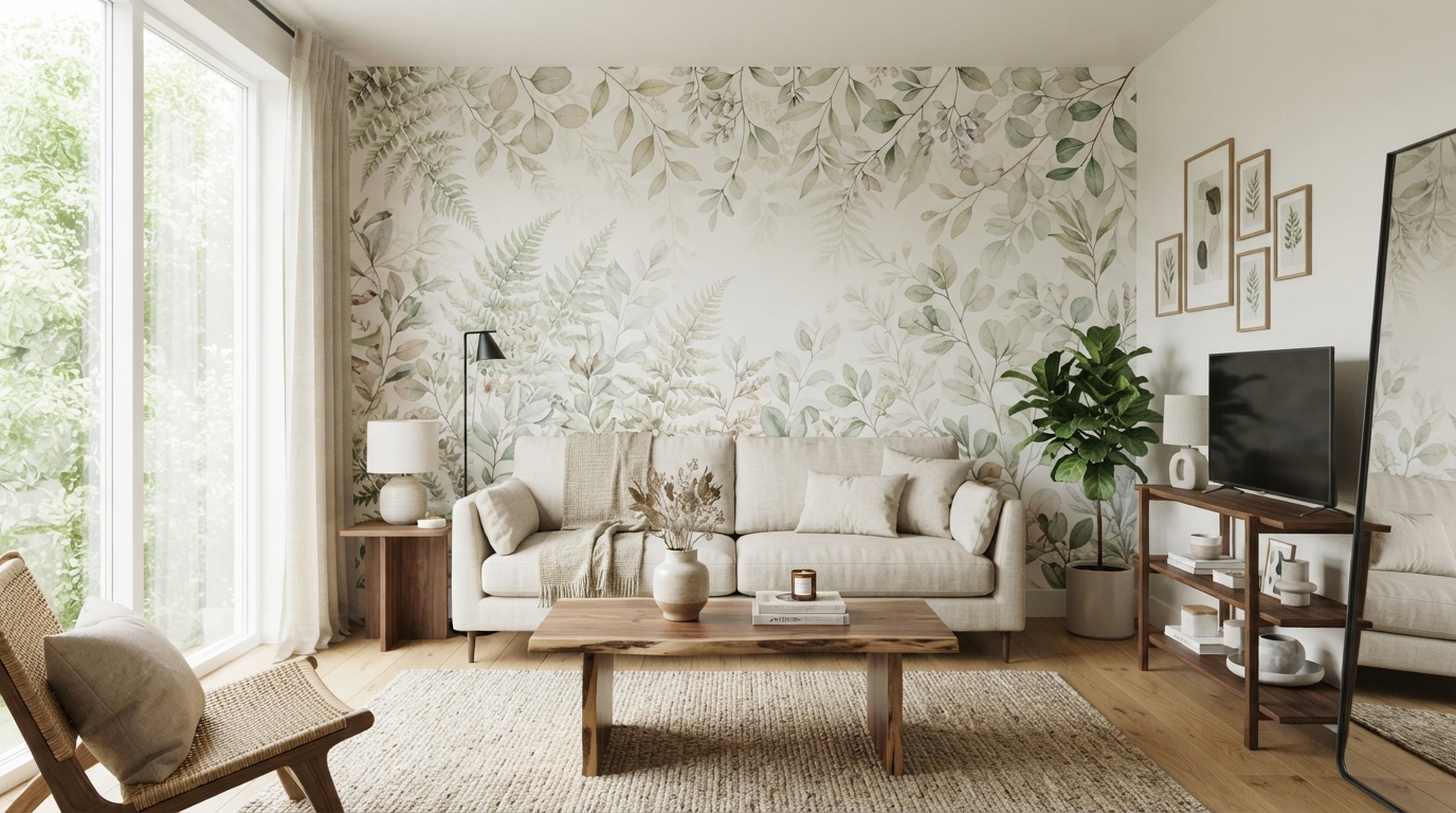 Salón moderno decorado con un fotomural botánico de gran formato